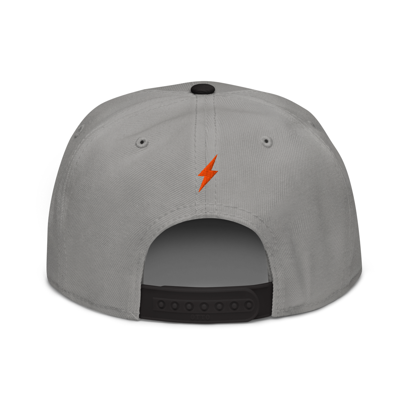 Lightning bitcoin snapback hat in Black / Gray / Gray, back view.