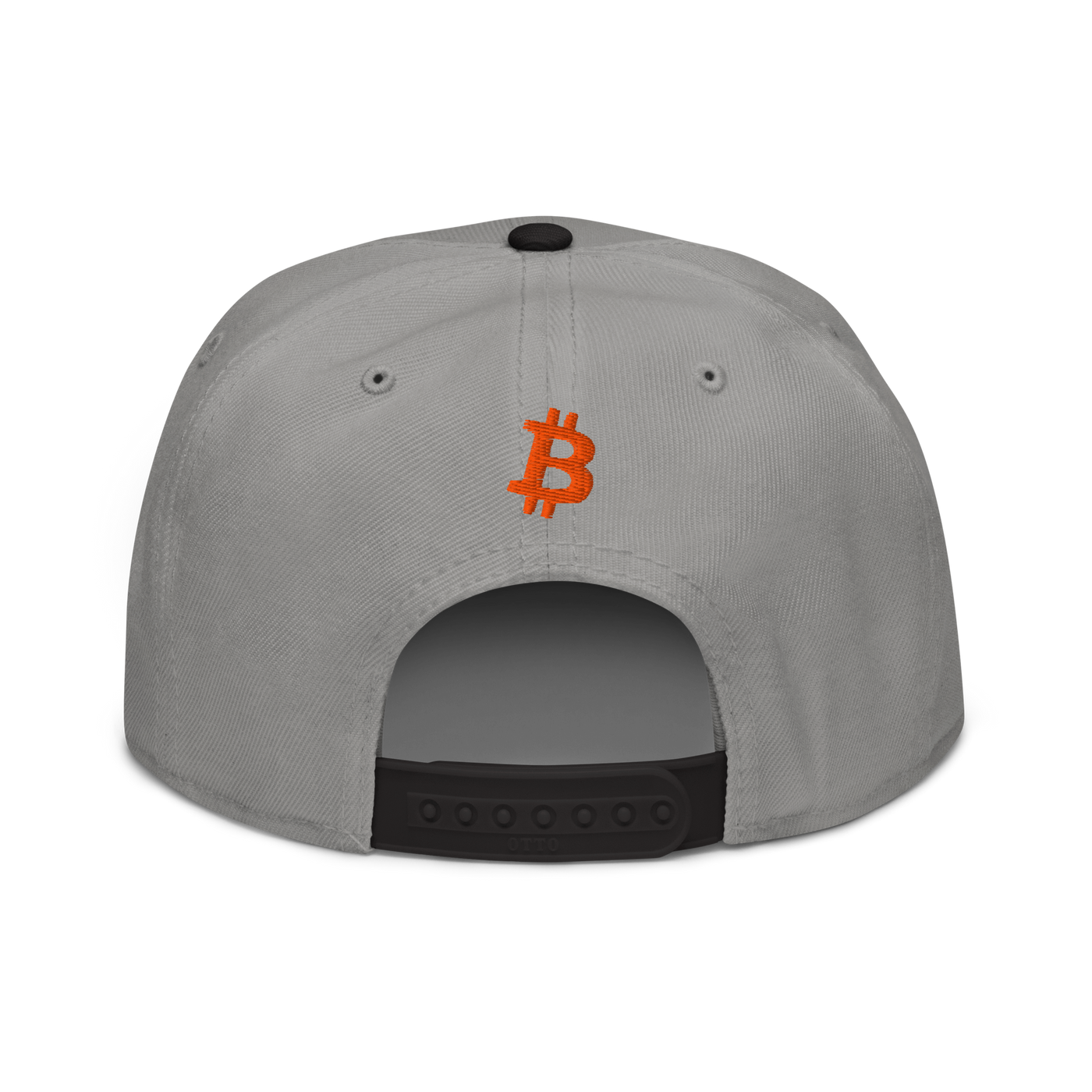 Bitcoin B bitcoin snapback hat in Black / Gray / Gray, back view.