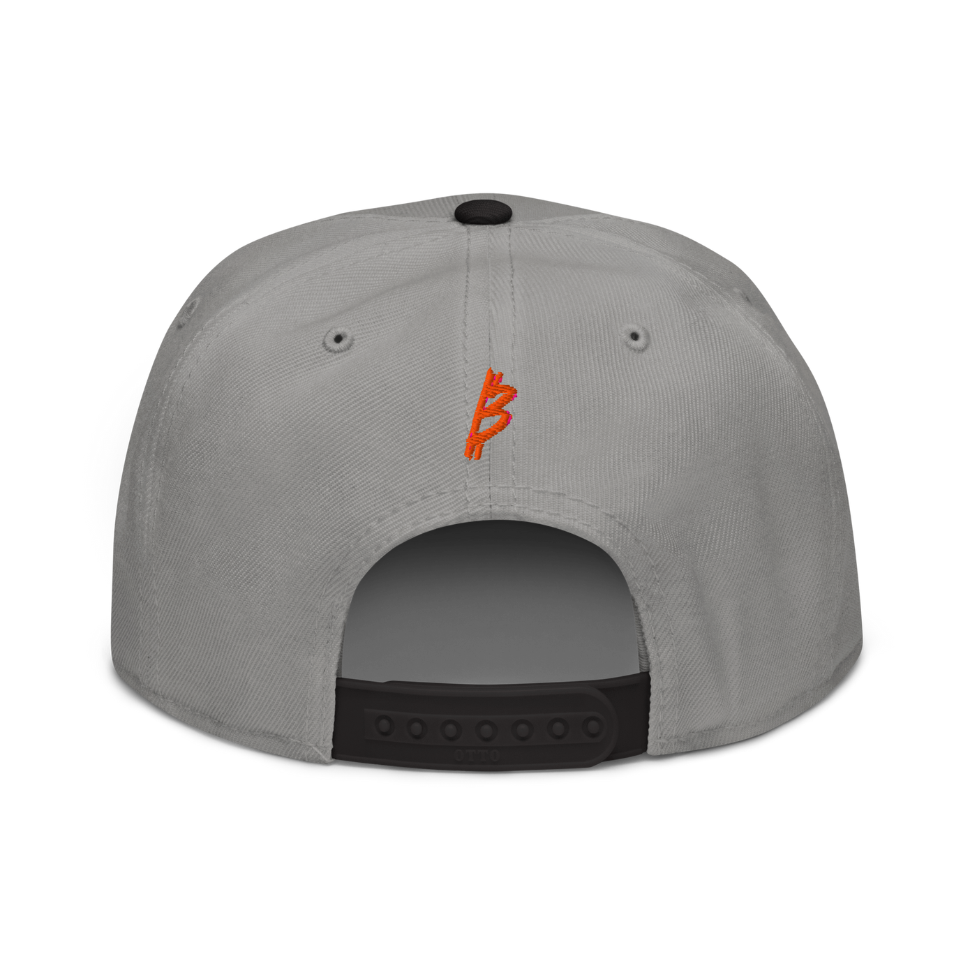 21 Rebel bitcoin snapback hat in Black / Gray / Gray, back view.