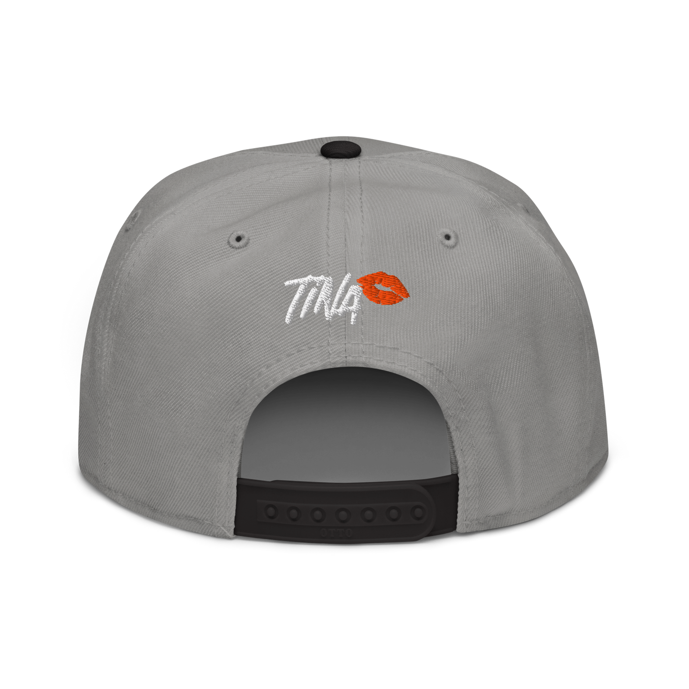 TINA bitcoin snapback hat in Black / Gray / Gray, back view.