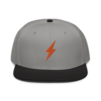 Front view of a grey and black bitcoin snapback hat.