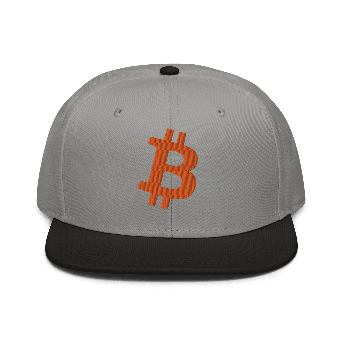 Front view of a grey and black bitcoin snapback hat.
