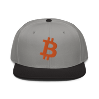 Front view of a grey and black bitcoin snapback hat.