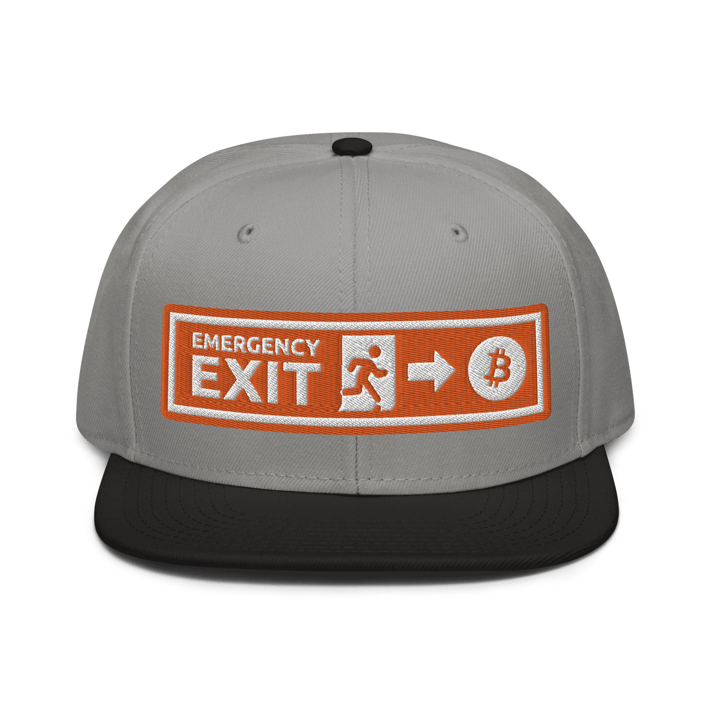 Front view of a grey and black bitcoin snapback hat.