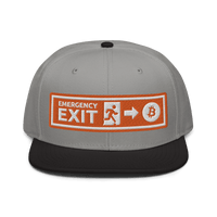Front view of a grey and black bitcoin snapback hat.