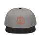 Front view of a grey and black bitcoin snapback hat.