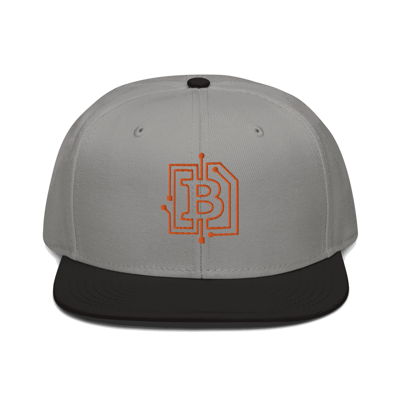 Front view of a grey and black bitcoin snapback hat.