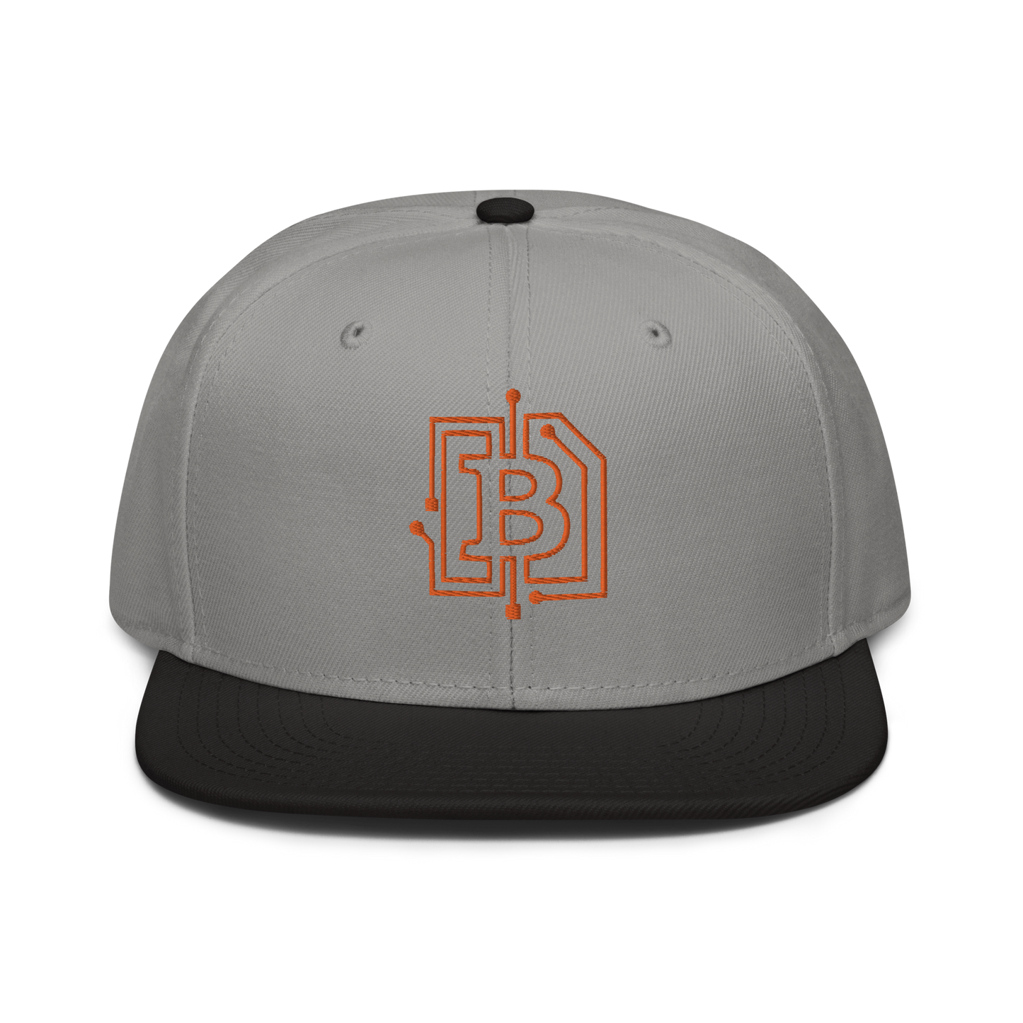 Front view of a grey and black bitcoin snapback hat.