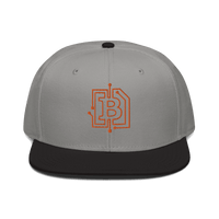 Front view of a grey and black bitcoin snapback hat.