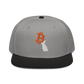 Front view of a grey and black bitcoin snapback hat.