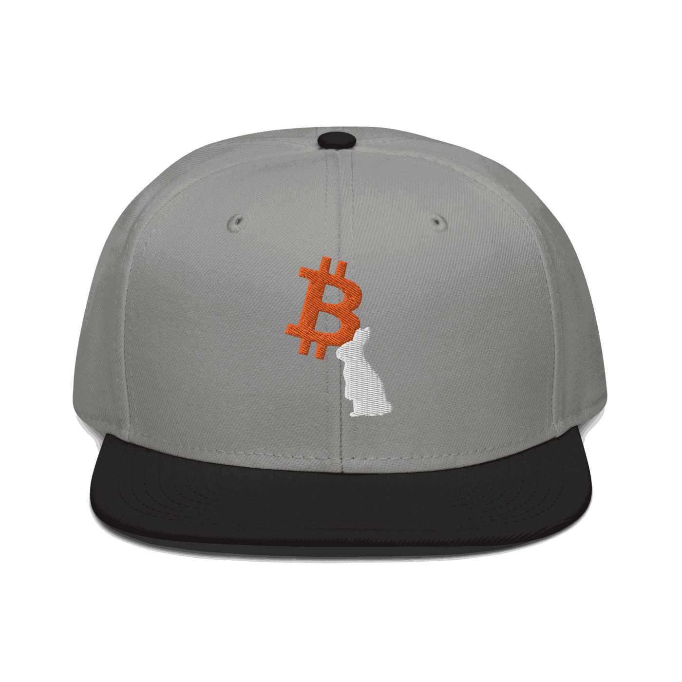 Front view of a grey and black bitcoin snapback hat.