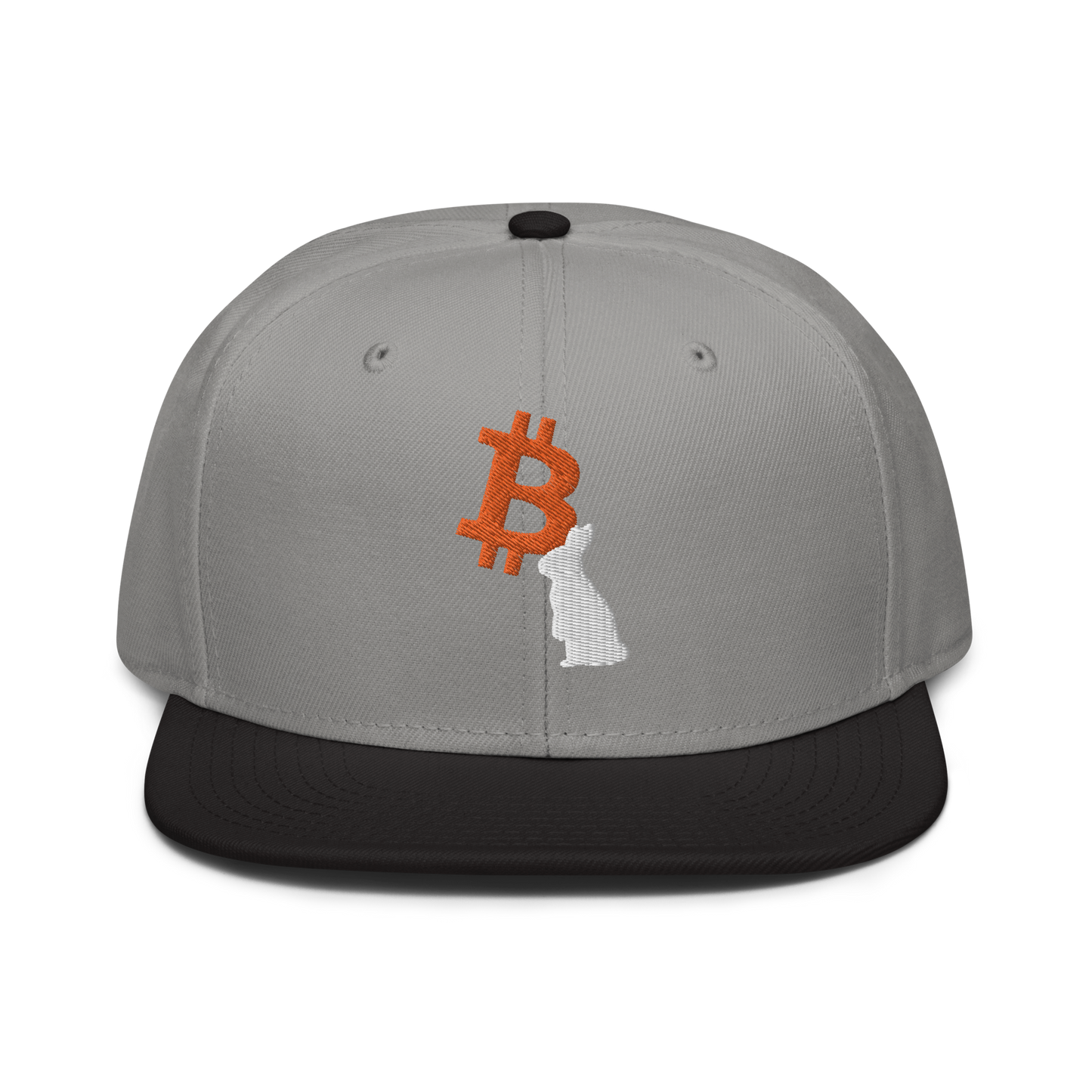 Front view of a grey and black bitcoin snapback hat.