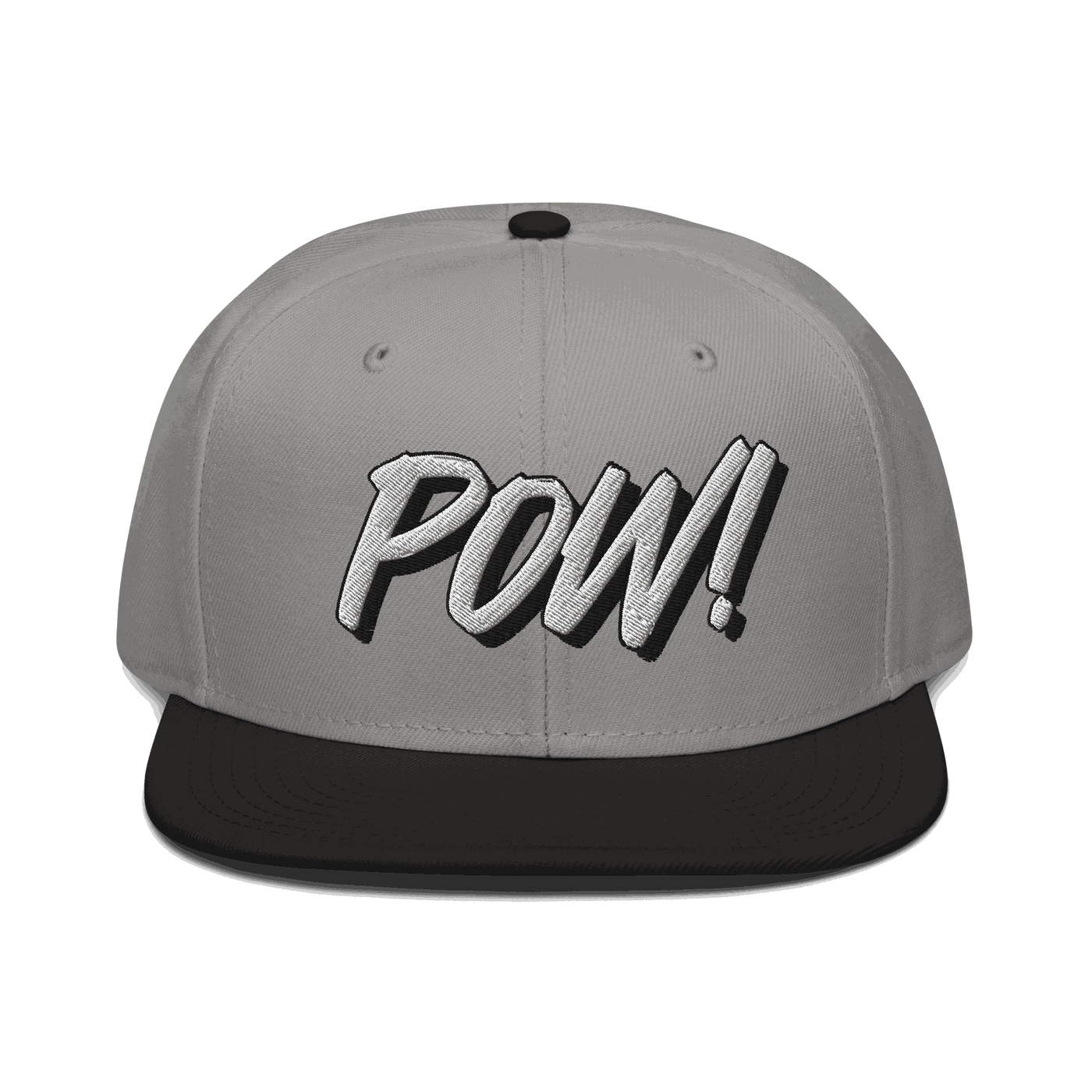 Front view of a grey and black bitcoin snapback hat.