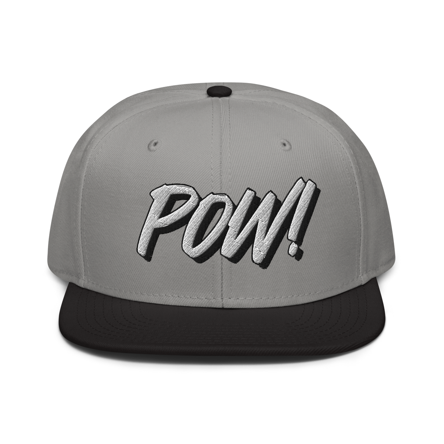 Front view of a grey and black bitcoin snapback hat.