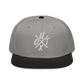 Front view of a grey and black bitcoin snapback hat.