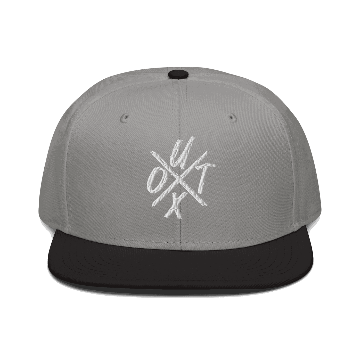Front view of a grey and black bitcoin snapback hat.