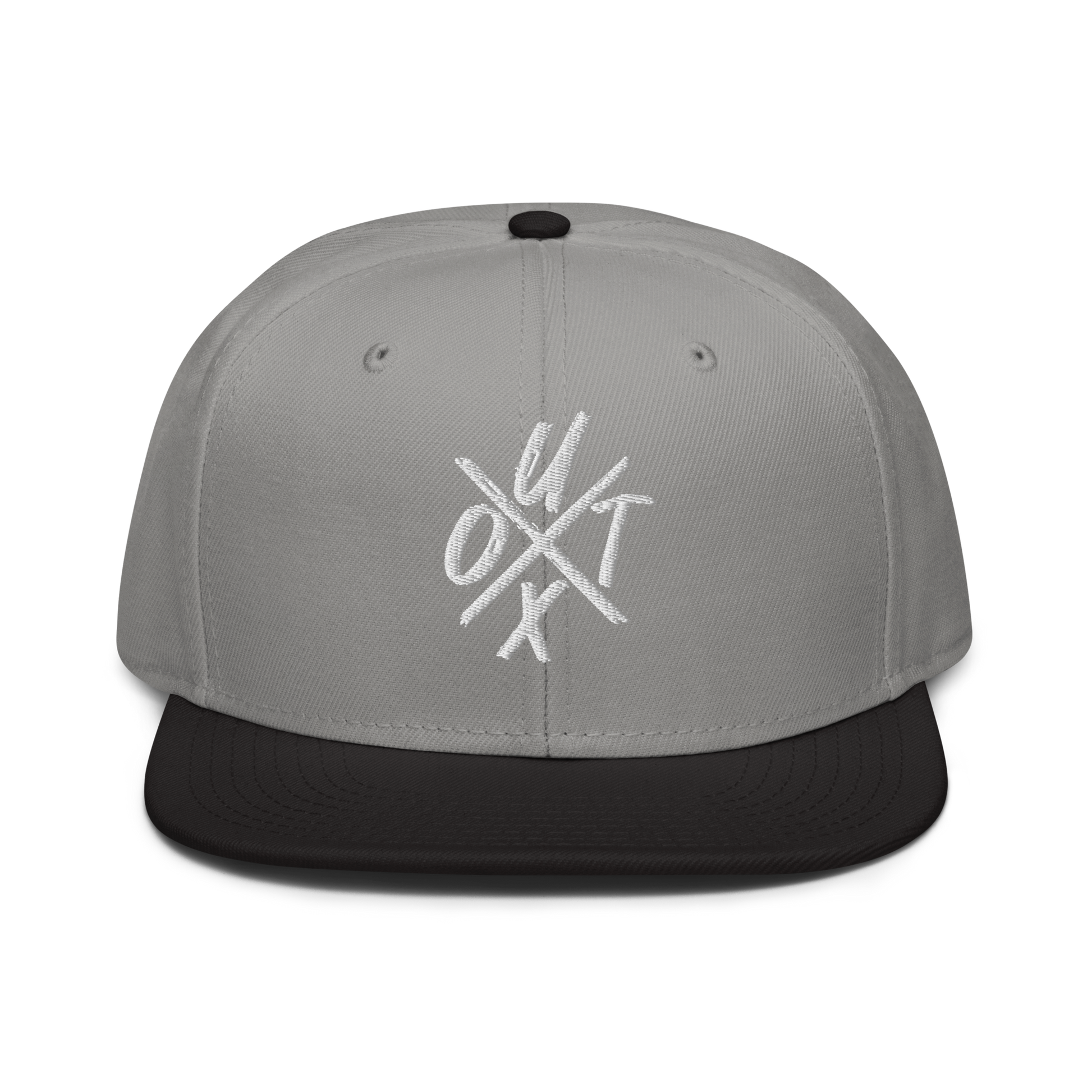 Front view of a grey and black bitcoin snapback hat.