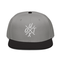 Front view of a grey and black bitcoin snapback hat.