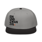 Front view of a grey and black bitcoin snapback hat.