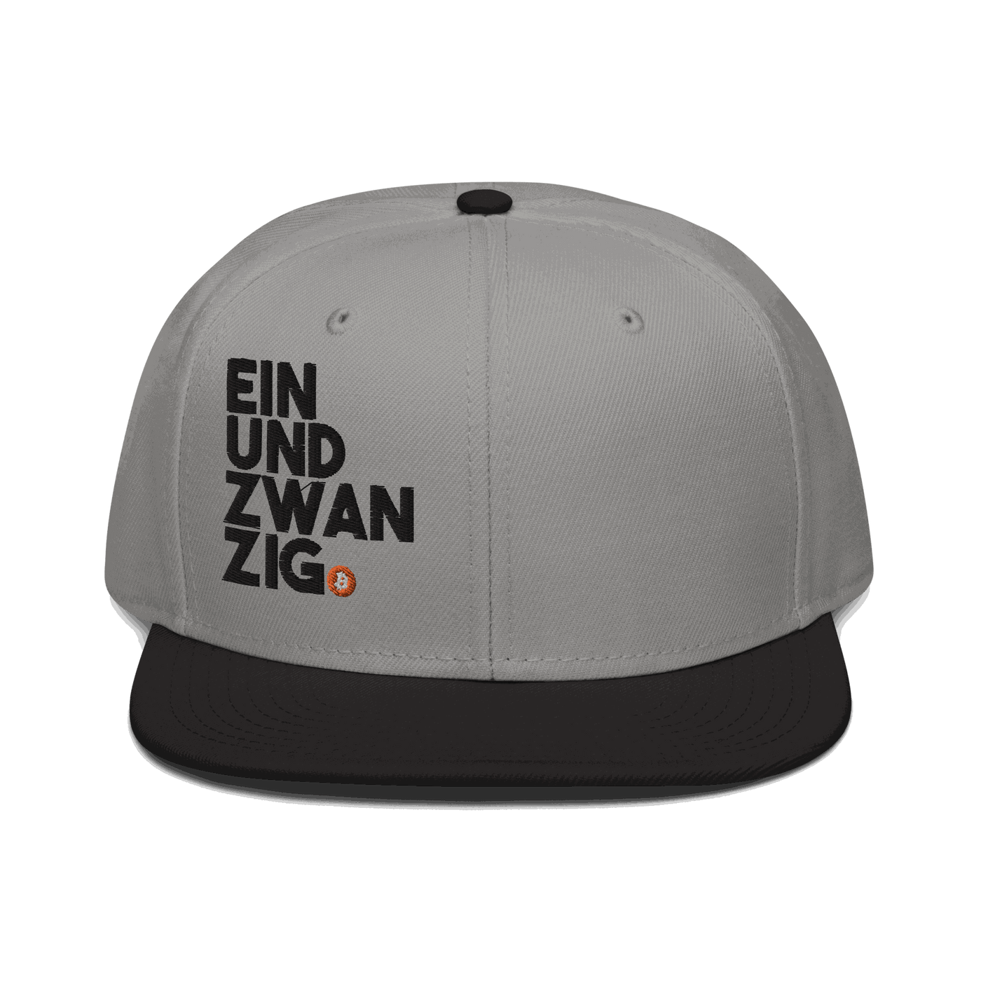 Black Einundzwanzig bitcoin snapback hat with yellow logo and flat grey under visor