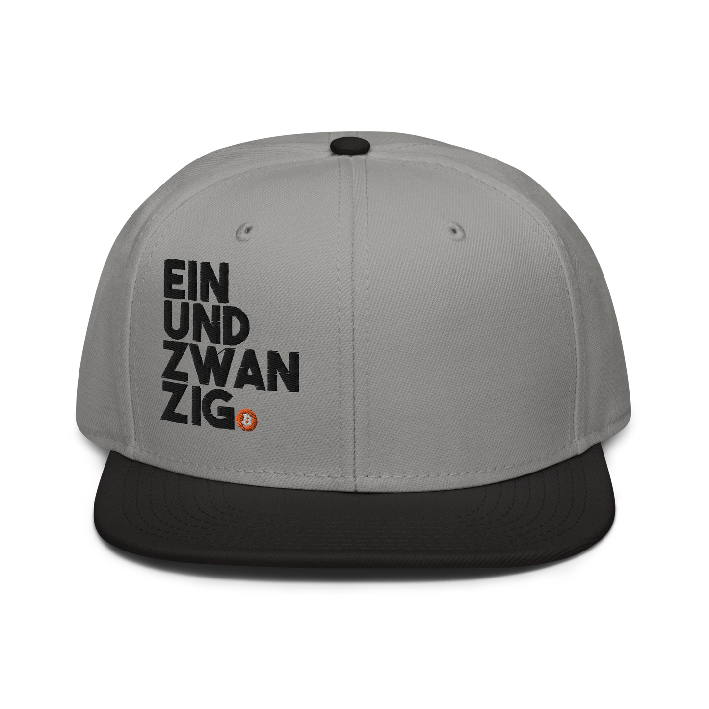 Front view of a grey and black bitcoin snapback hat.