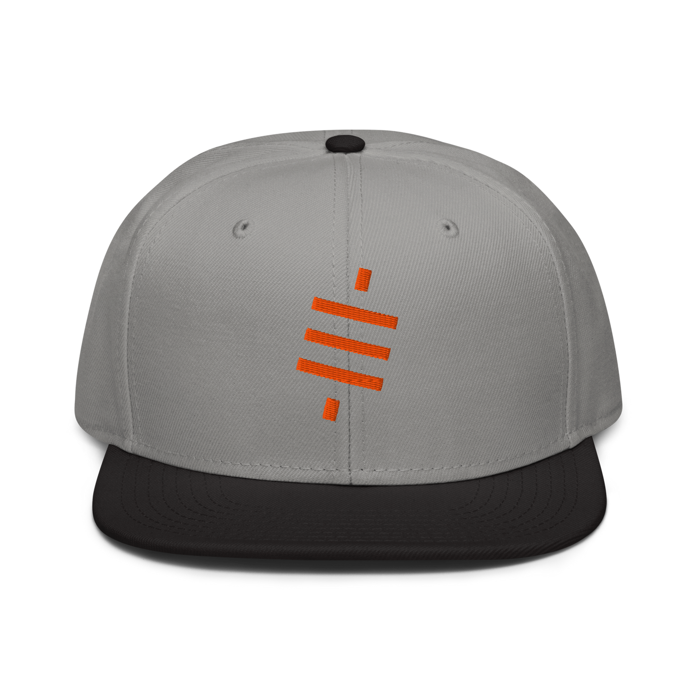 Sats Symbol bitcoin snapback hat in Black / Gray / Gray, front view.