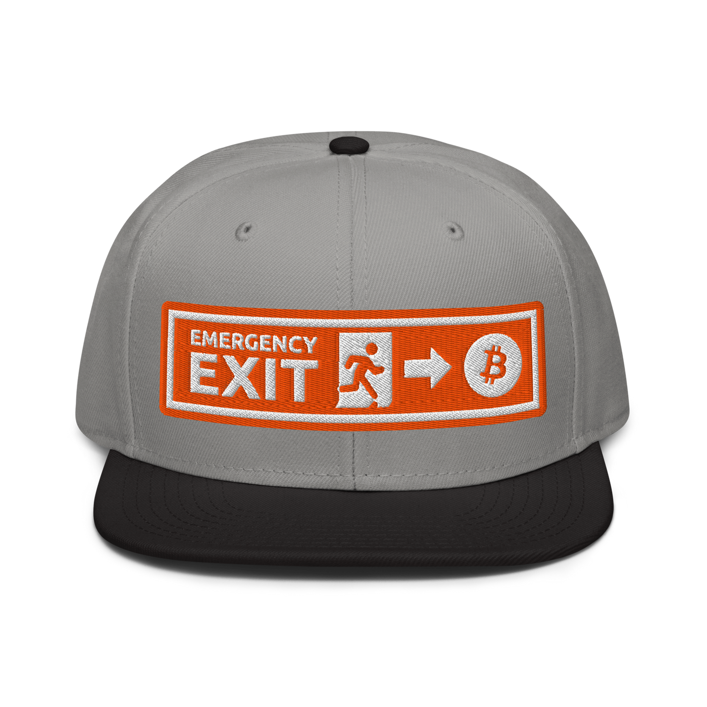 Emergency Exit bitcoin snapback hat in Black / Gray / Gray, front view.