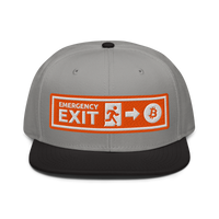 Emergency Exit bitcoin snapback hat in Black / Gray / Gray, front view.