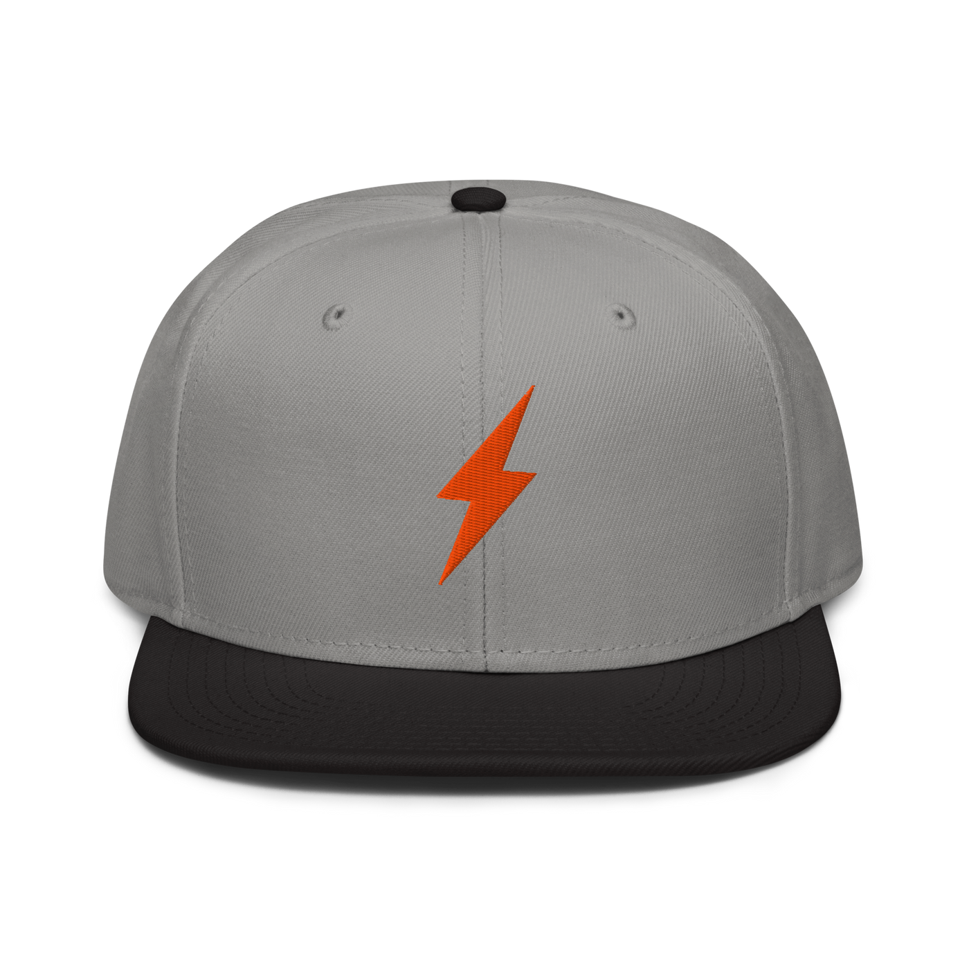 Lightning bitcoin snapback hat in Black / Gray / Gray, front view.