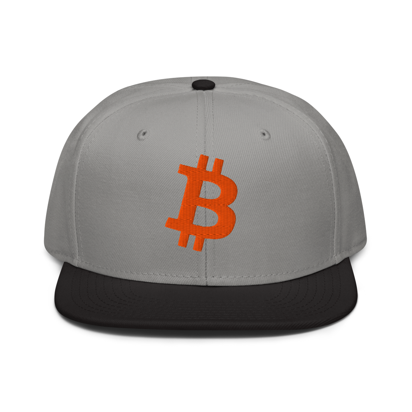 Bitcoin B bitcoin snapback hat in Black / Gray / Gray, front view.
