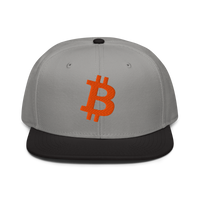 Bitcoin B bitcoin snapback hat in Black / Gray / Gray, front view.