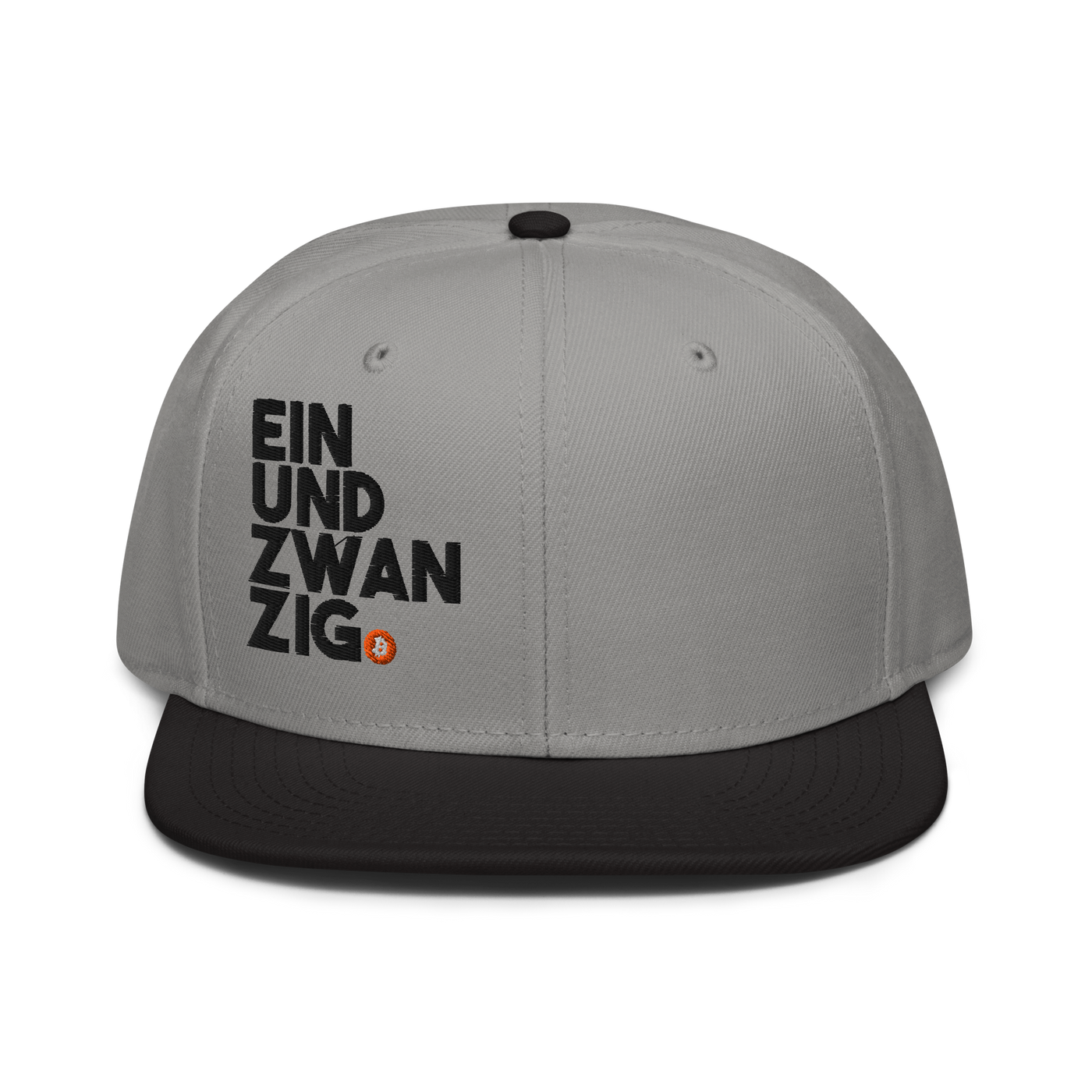 Einundzwanzig bitcoin snapback hat in Black / Gray / Gray, front view.