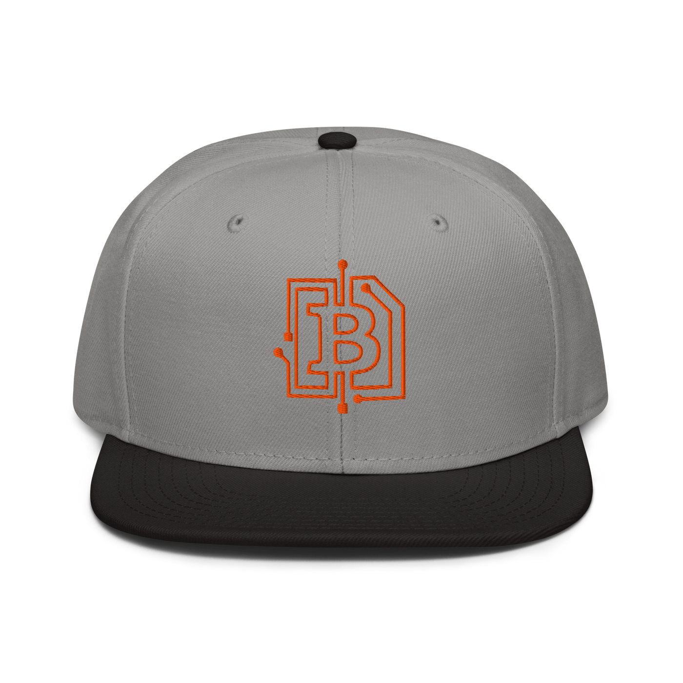 Circuit Board bitcoin snapback hat in Black / Gray / Gray, front view.