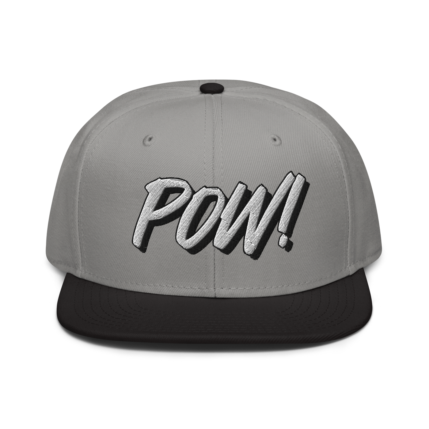 POW! Bitcoin-Snapback-Cap in Schwarz / Grau, Vorderansicht.