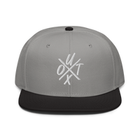 UTXO bitcoin snapback hat in Black / Gray / Gray, front view.