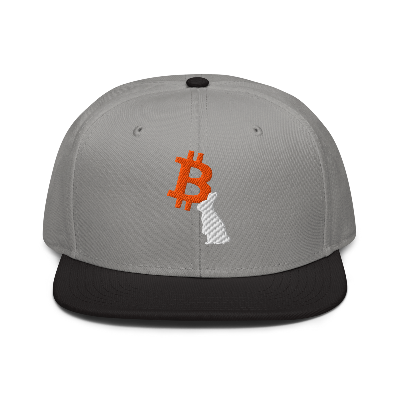 White Rabbit bitcoin snapback hat in Black / Gray / Gray, front view.