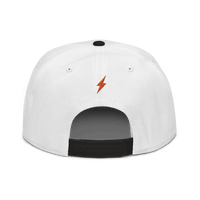 Black Bitcoin snapback hat with lightning payment protocol logo and flat grey under visor
