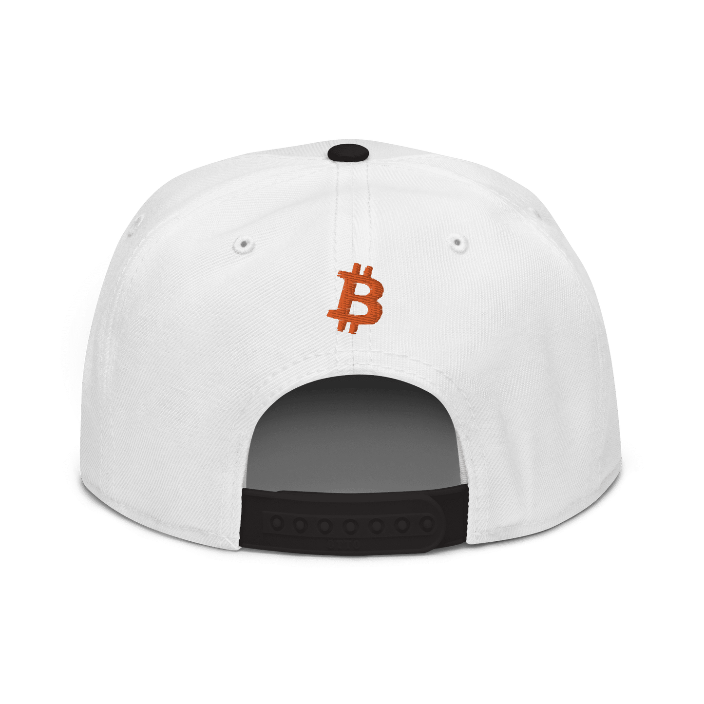 Back view of a white and black bitcoin snapback hat.