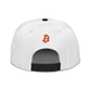 Back view of a white and black bitcoin snapback hat.