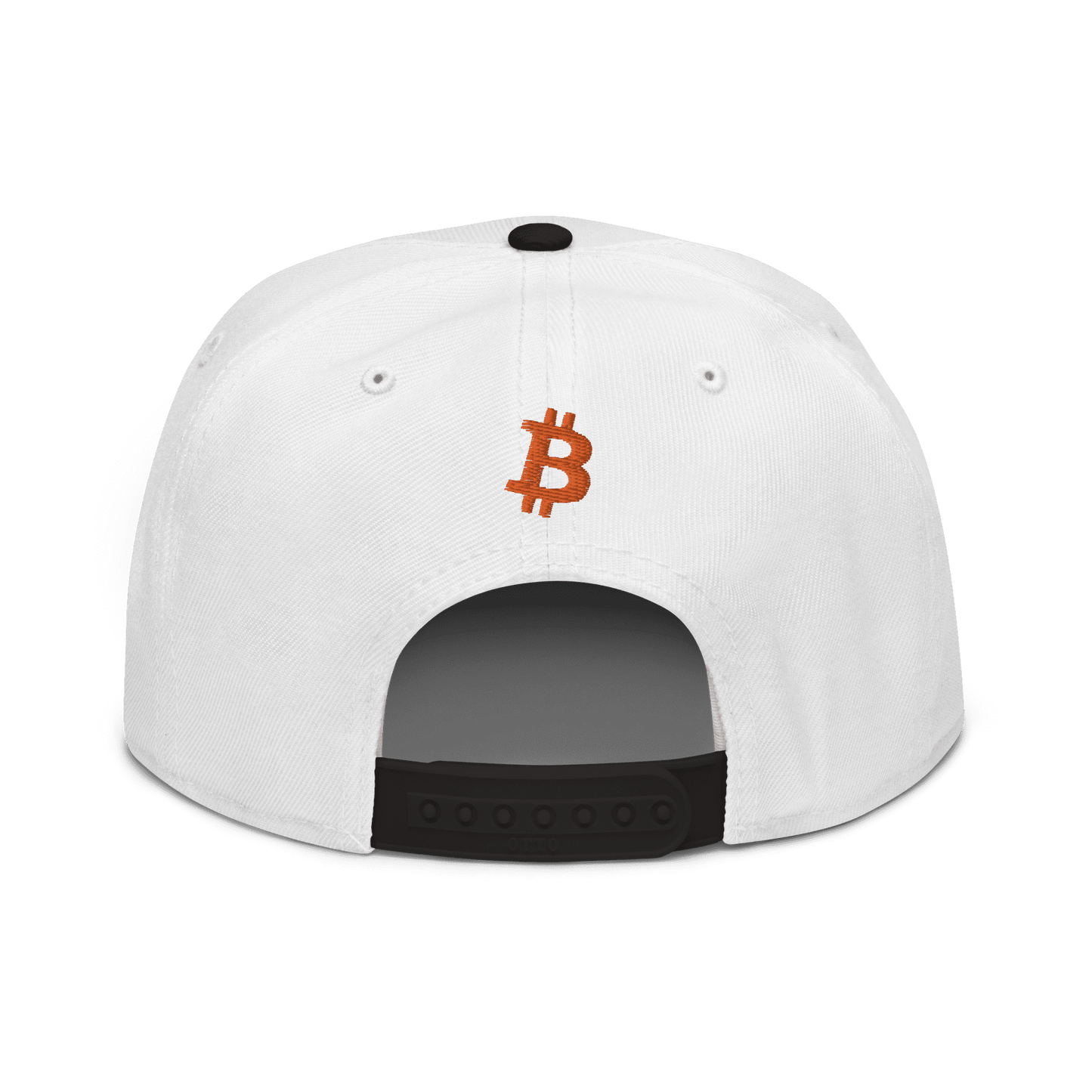 Back view of a white and black bitcoin snapback hat.