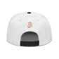 Back view of a white and black bitcoin snapback hat.