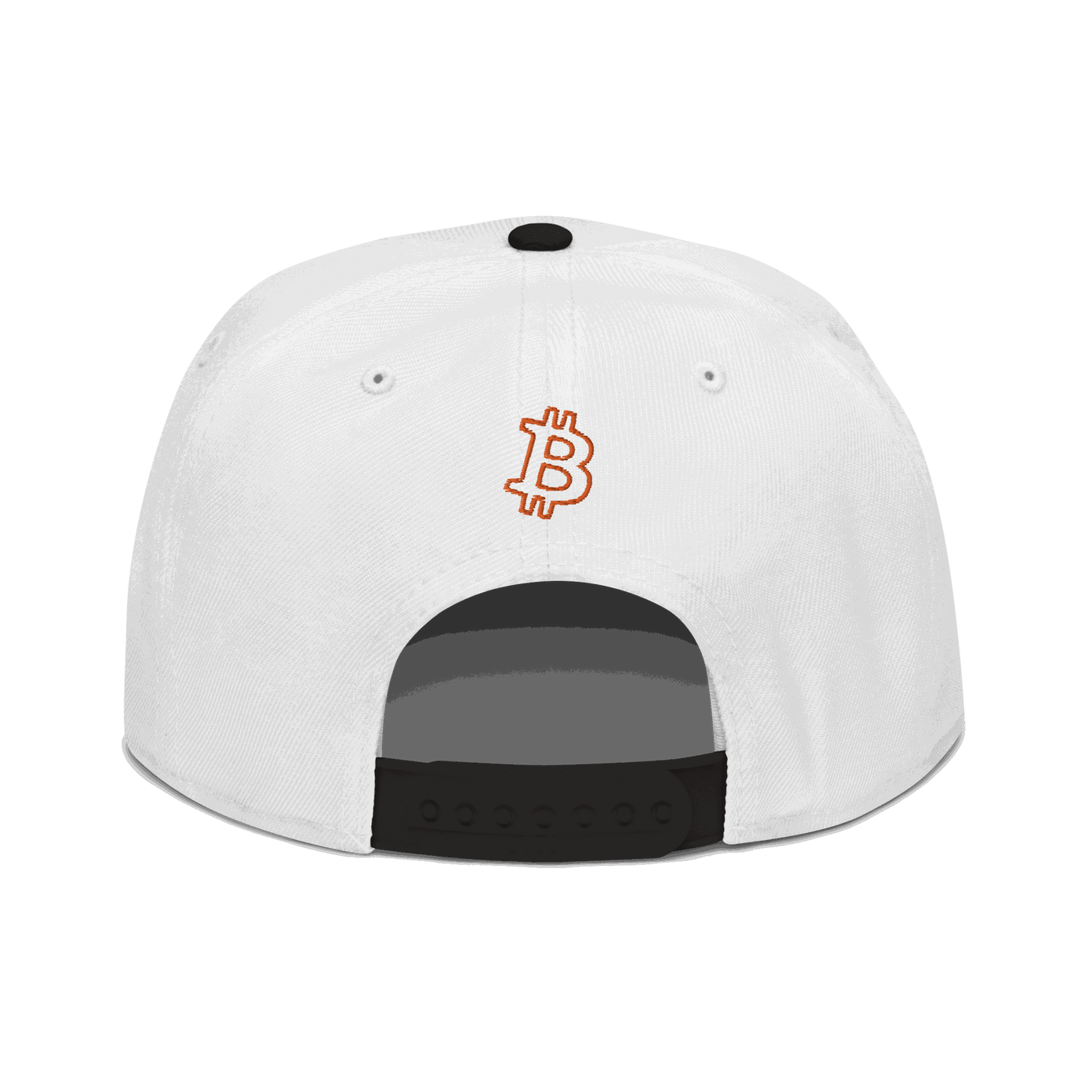 Back view of a white and black bitcoin snapback hat.