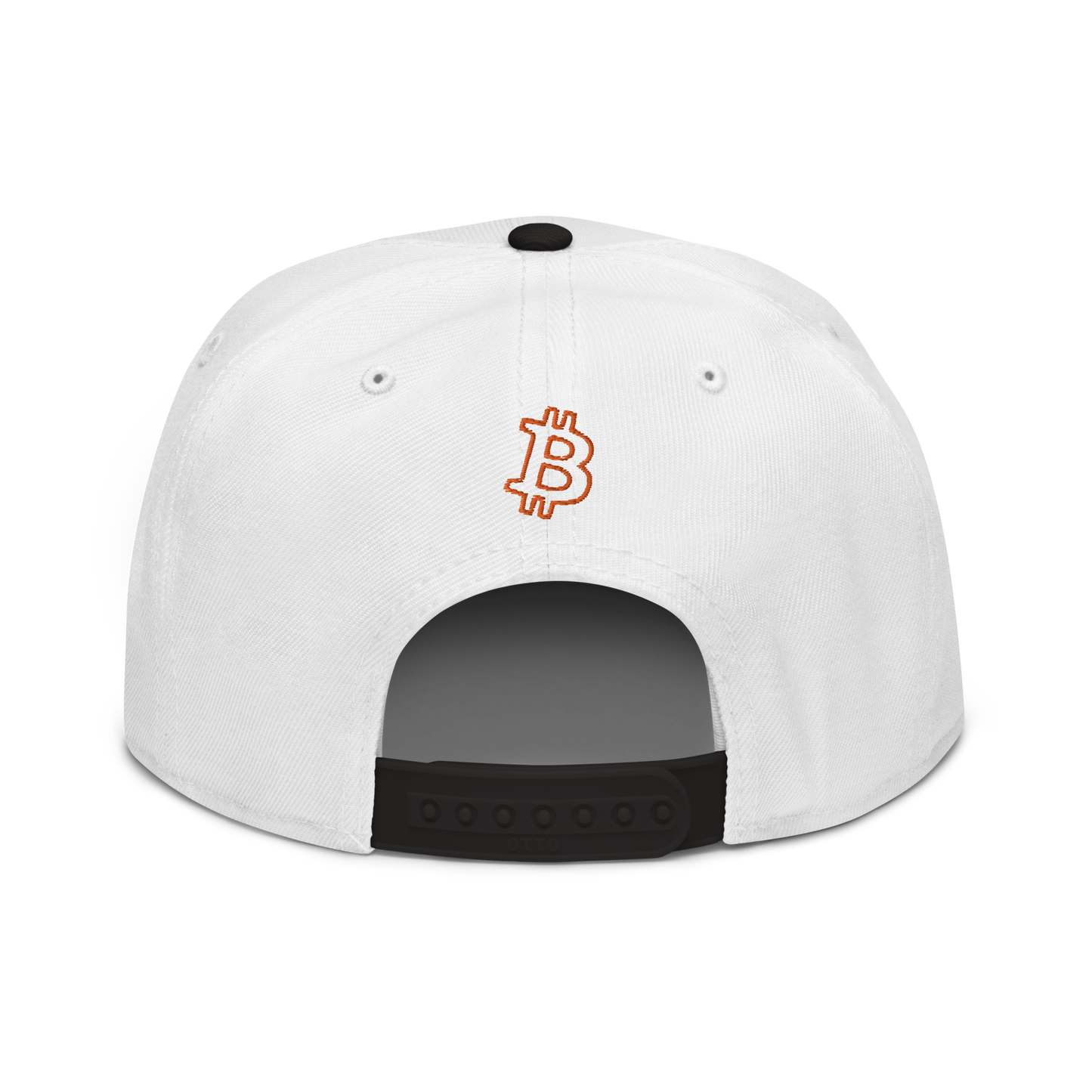 Back view of a white and black bitcoin snapback hat.