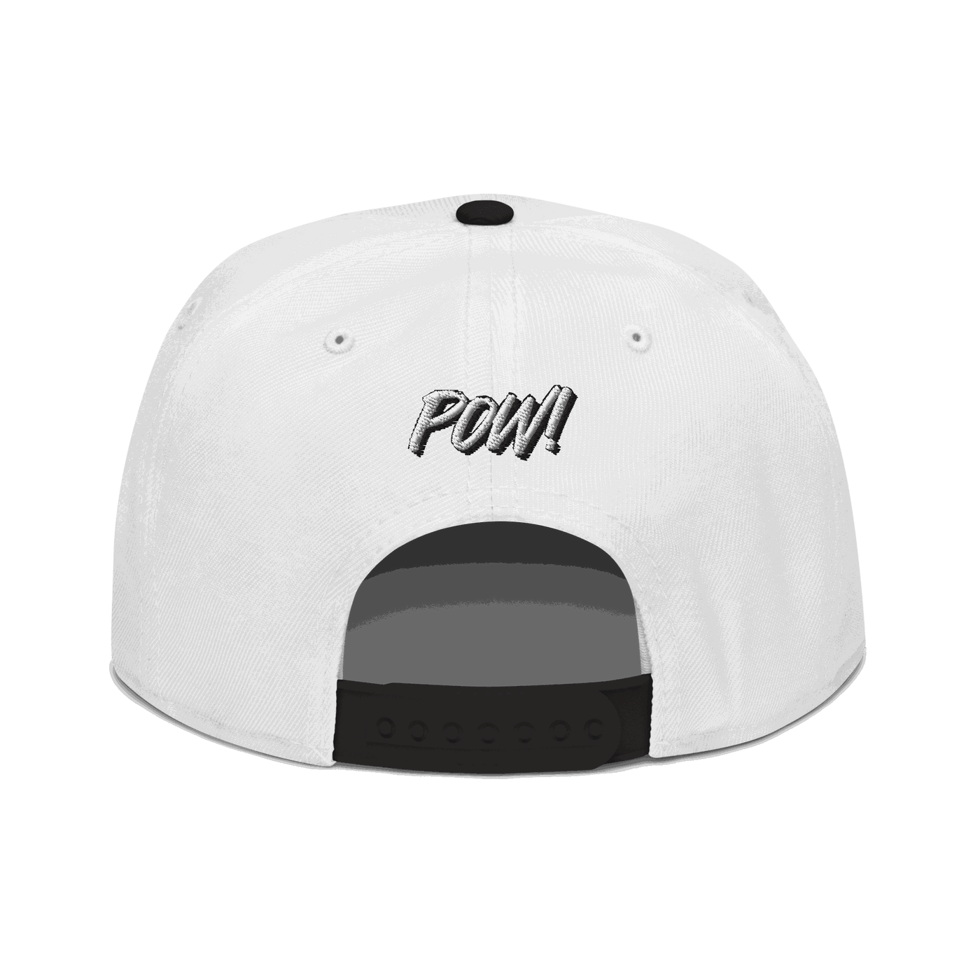Back view of a white and black bitcoin snapback hat.