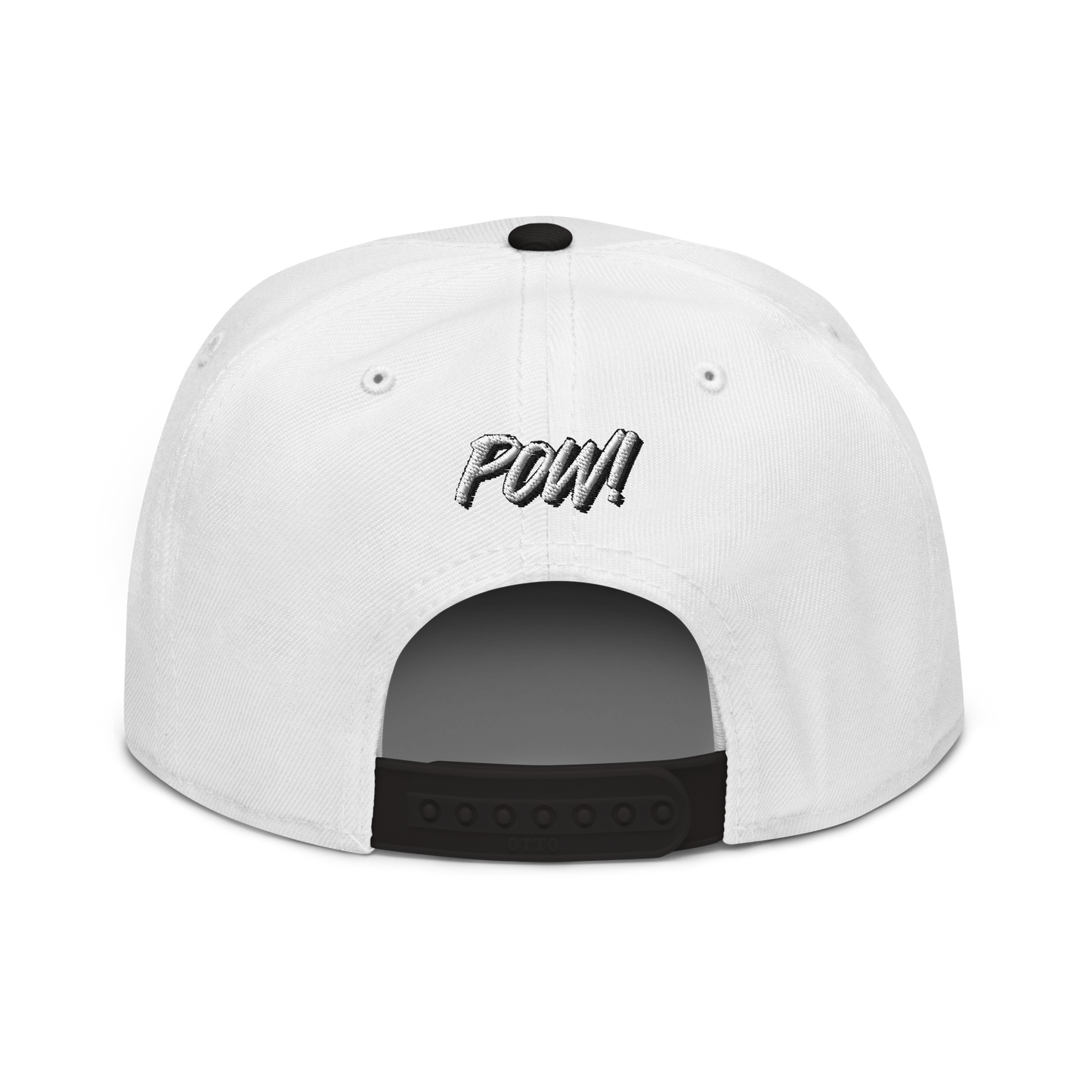 Back view of a white and black bitcoin snapback hat.