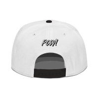 Back view of a white and black bitcoin snapback hat.