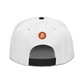 Back view of a white and black bitcoin snapback hat.