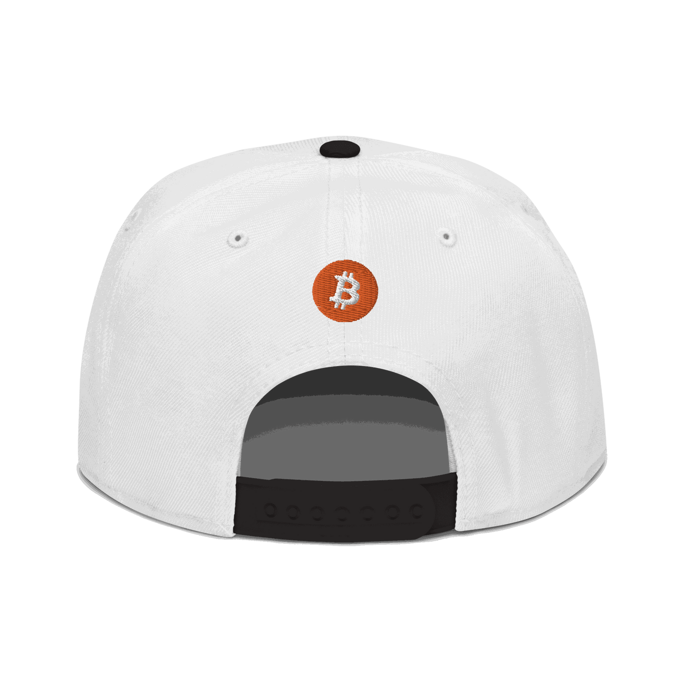 Black Einundzwanzig Bitcoin snapback hat with flat grey under visor and plastic snap closure