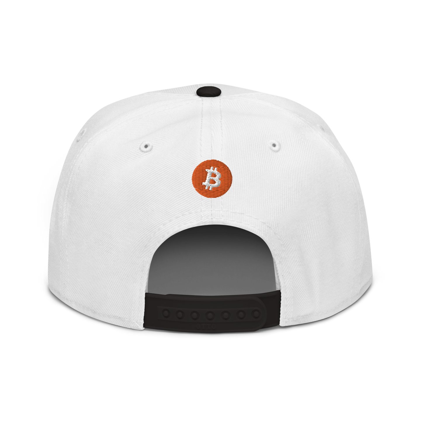 Back view of a white and black bitcoin snapback hat.