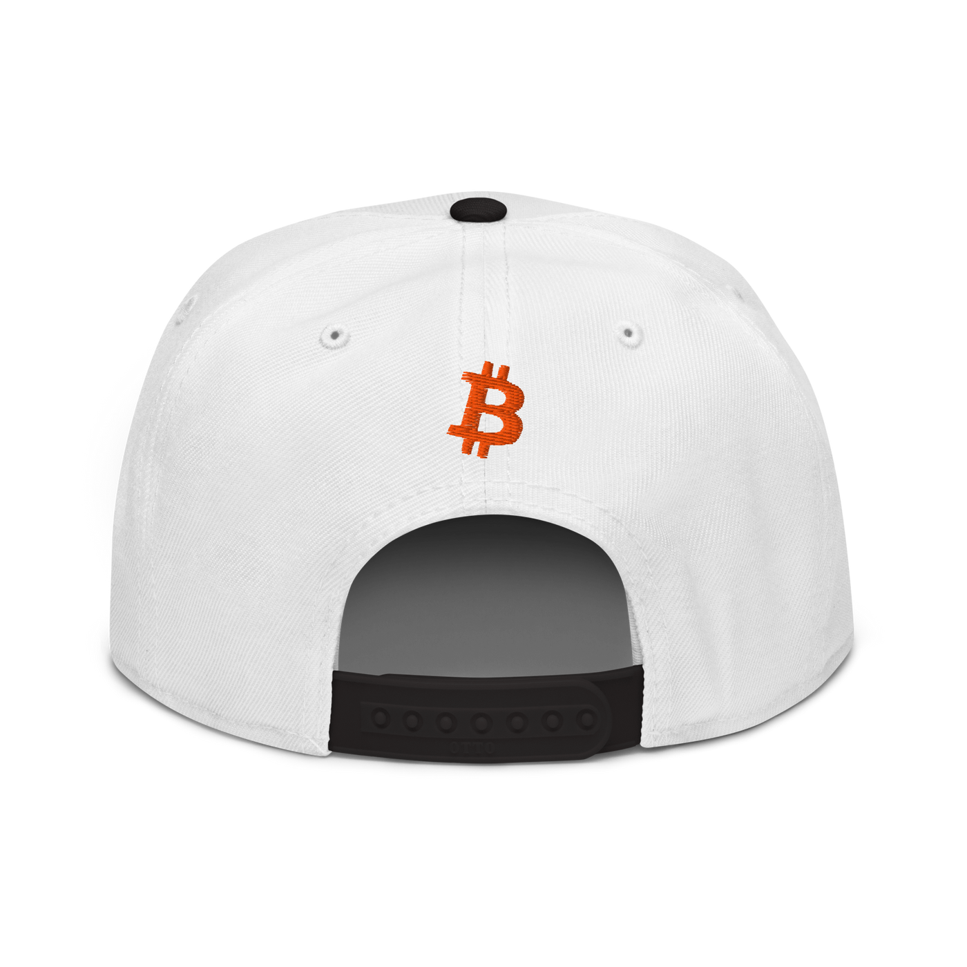 Emergency Exit bitcoin snapback hat in Black / White / White, back view.
